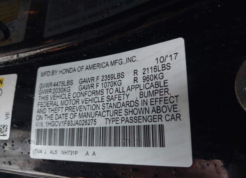 Photo 9 of 2018 Honda Accord TOURING (VIN 1HGCV1F93JA026275)