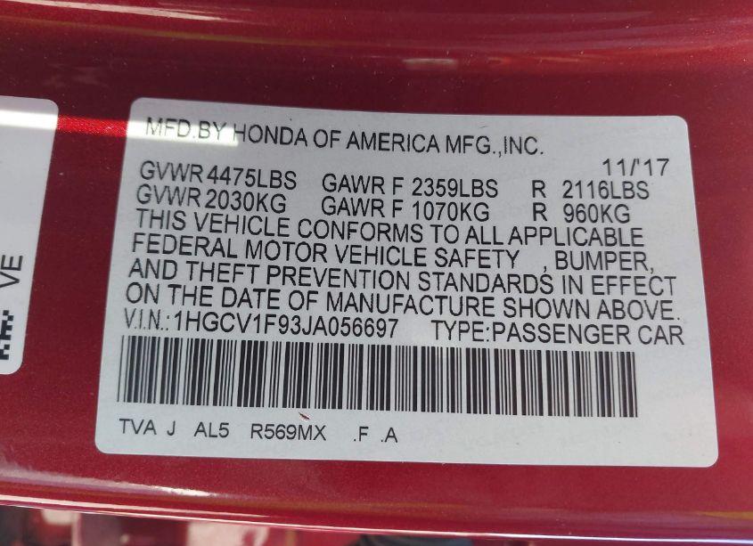 Photo 9 of 2018 Honda Accord TOURING (VIN 1HGCV1F93JA056697)