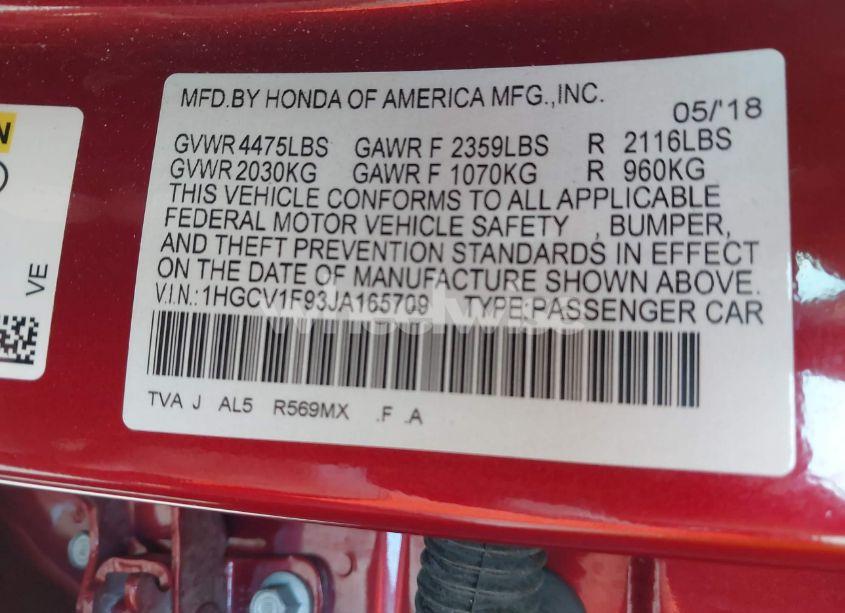 Photo 9 of 2018 Honda Accord TOURING (VIN 1HGCV1F93JA165709)