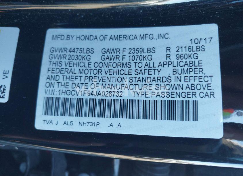 Photo 9 of 2018 Honda Accord TOURING (VIN 1HGCV1F94JA028732)