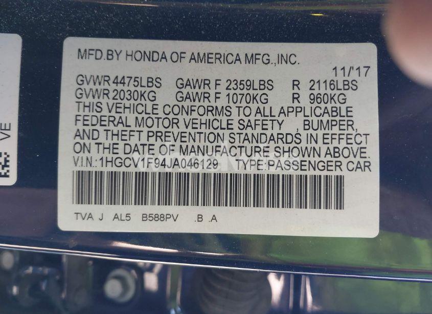 Photo 9 of 2018 Honda Accord TOURING (VIN 1HGCV1F94JA046129)