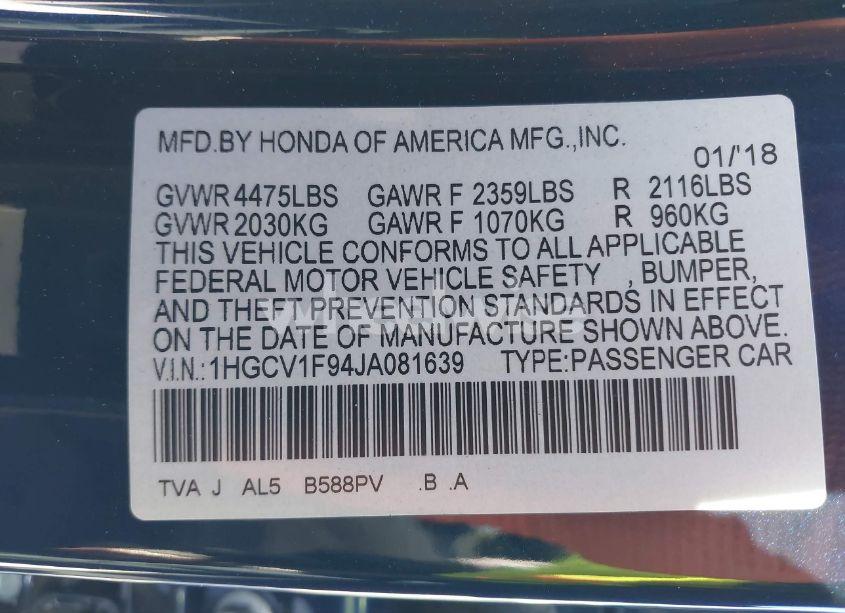 Photo 9 of 2018 Honda Accord TOURING (VIN 1HGCV1F94JA081639)