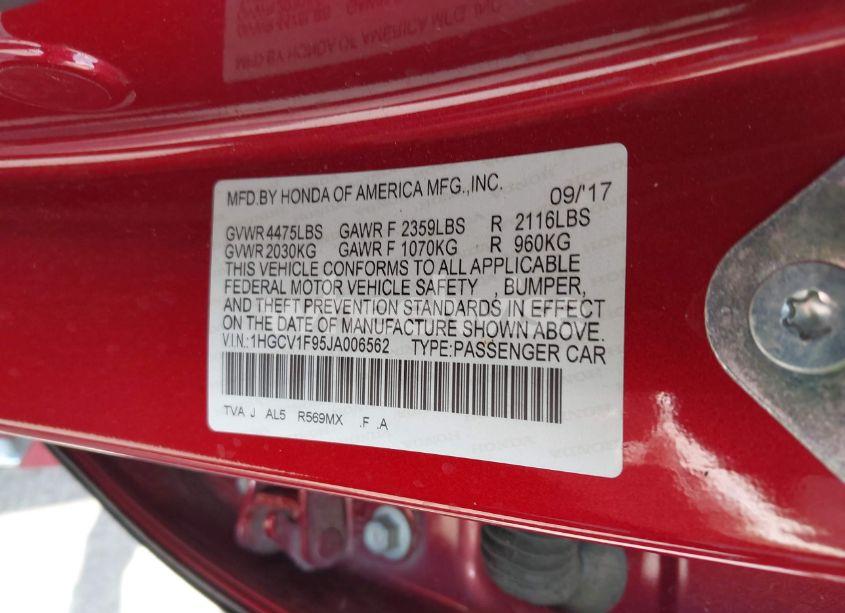 Photo 9 of 2018 Honda Accord TOURING (VIN 1HGCV1F95JA006562)