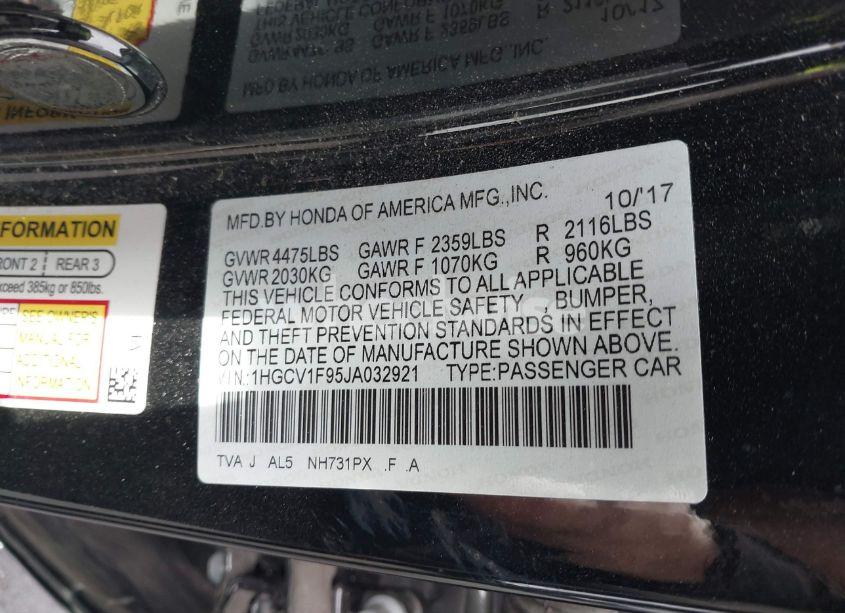 Photo 9 of 2018 Honda Accord TOURING (VIN 1HGCV1F95JA032921)