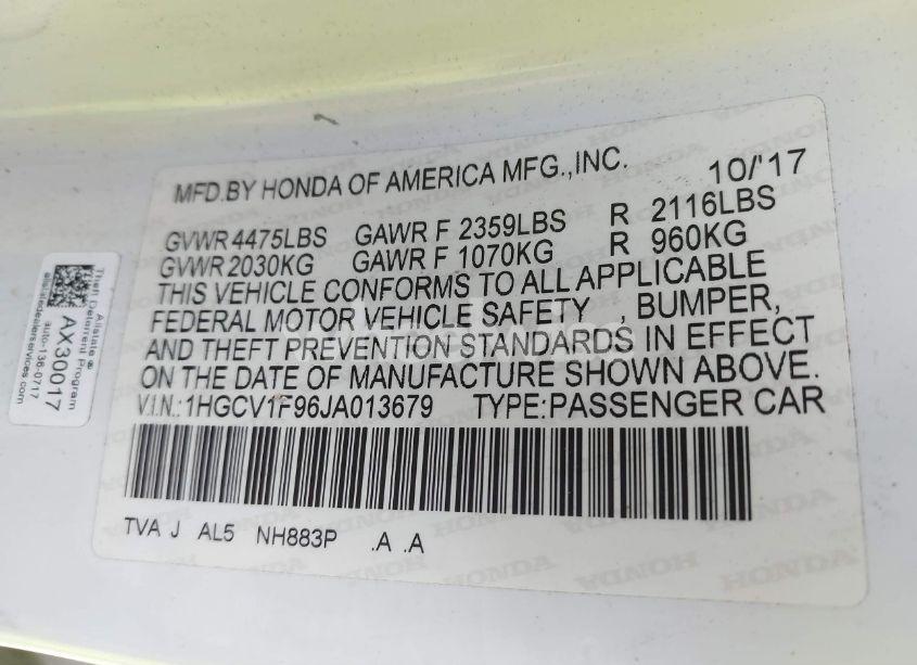 Photo 9 of 2018 Honda Accord TOURING (VIN 1HGCV1F96JA013679)