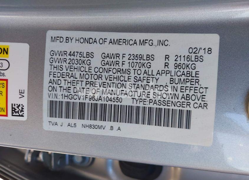 Photo 9 of 2018 Honda Accord TOURING (VIN 1HGCV1F96JA104550)