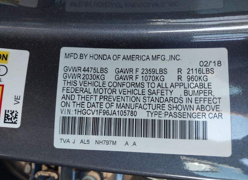 Photo 9 of 2018 Honda Accord TOURING (VIN 1HGCV1F96JA105780)