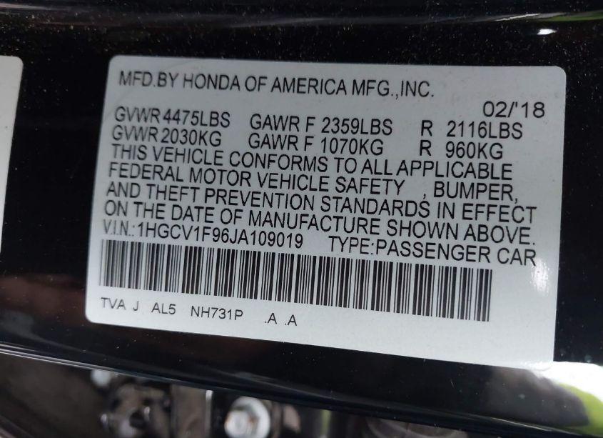 Photo 9 of 2018 Honda Accord TOURING (VIN 1HGCV1F96JA109019)