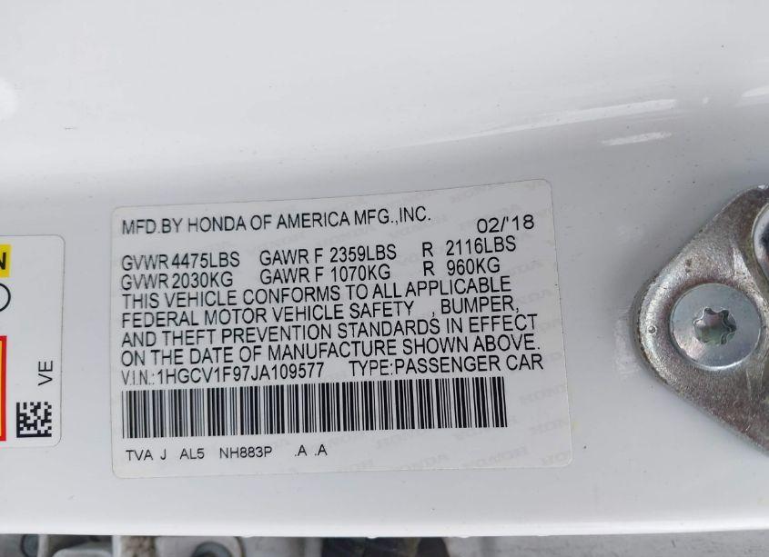 Photo 9 of 2018 Honda Accord TOURING (VIN 1HGCV1F97JA109577)