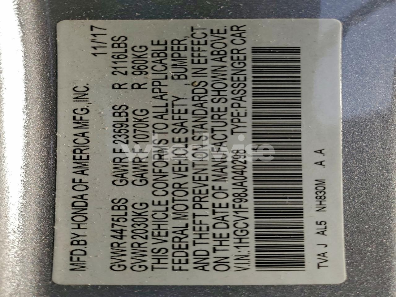 Photo 12 of 2018 HONDA ACCORD TOURING (VIN 1HGCV1F98JA040298)