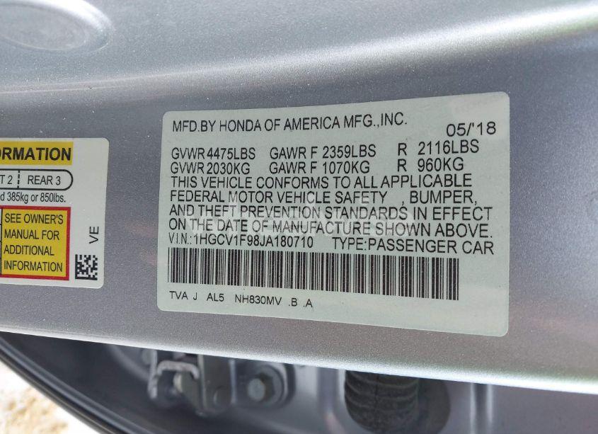 Photo 9 of 2018 Honda Accord TOURING (VIN 1HGCV1F98JA180710)