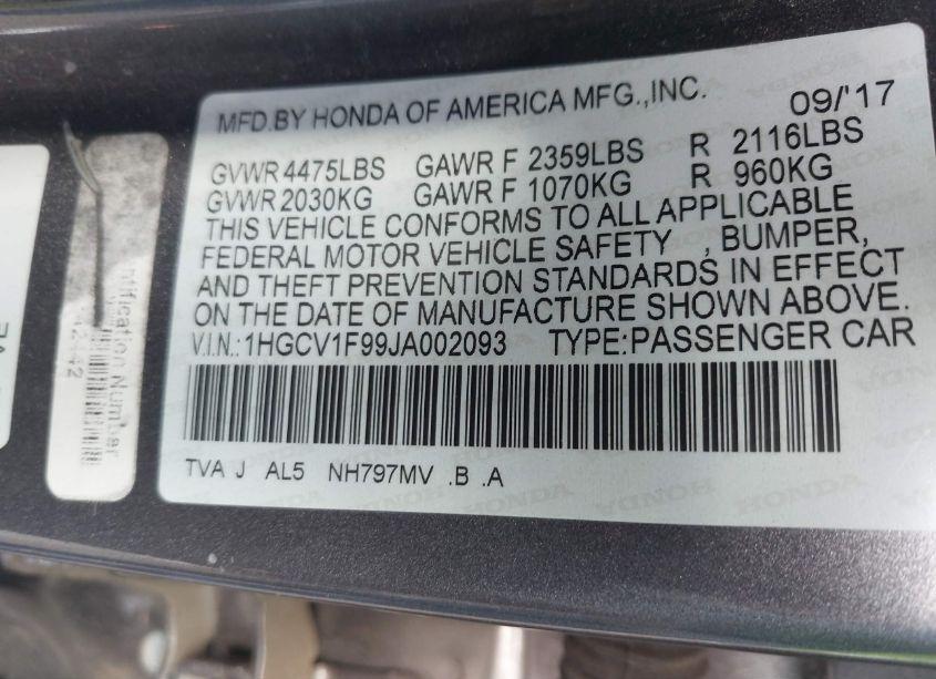 Photo 9 of 2018 Honda Accord TOURING (VIN 1HGCV1F99JA002093)