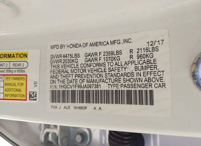 Photo 9 of 2018 Honda Accord TOURING (VIN 1HGCV1F99JA067381)