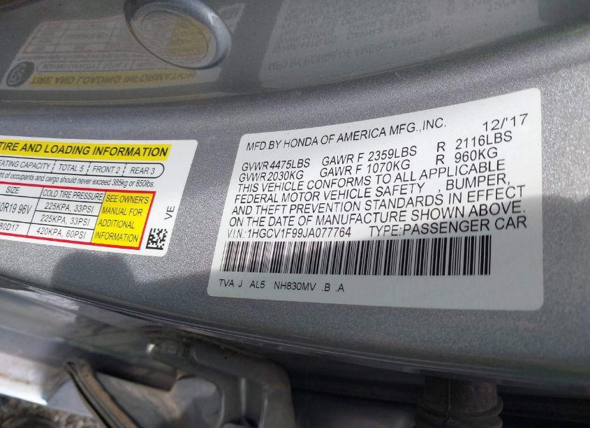 Photo 9 of 2018 Honda Accord TOURING (VIN 1HGCV1F99JA077764)