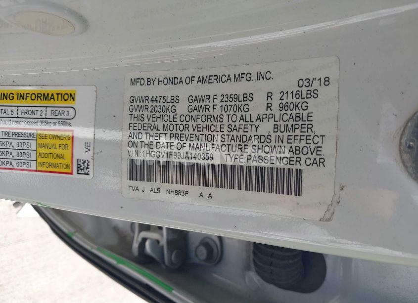 Photo 9 of 2018 Honda Accord TOURING (VIN 1HGCV1F99JA140359)