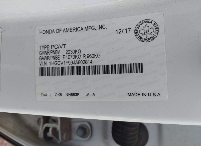 Photo 9 of 2018 Honda Accord TOURING (VIN 1HGCV1F99JA802814)