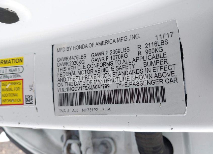 Photo 9 of 2018 Honda Accord TOURING (VIN 1HGCV1F9XJA047799)