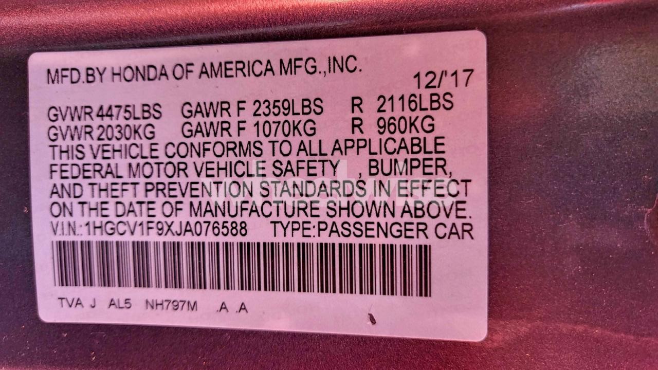 Photo 10 of 2018 HONDA ACCORD TOURING (VIN 1HGCV1F9XJA076588)