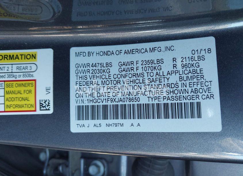 Photo 9 of 2018 Honda Accord TOURING (VIN 1HGCV1F9XJA078650)