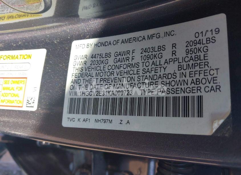 Photo 9 of 2019 Honda Accord SPORT 2.0T (VIN 1HGCV2E31KA009723)