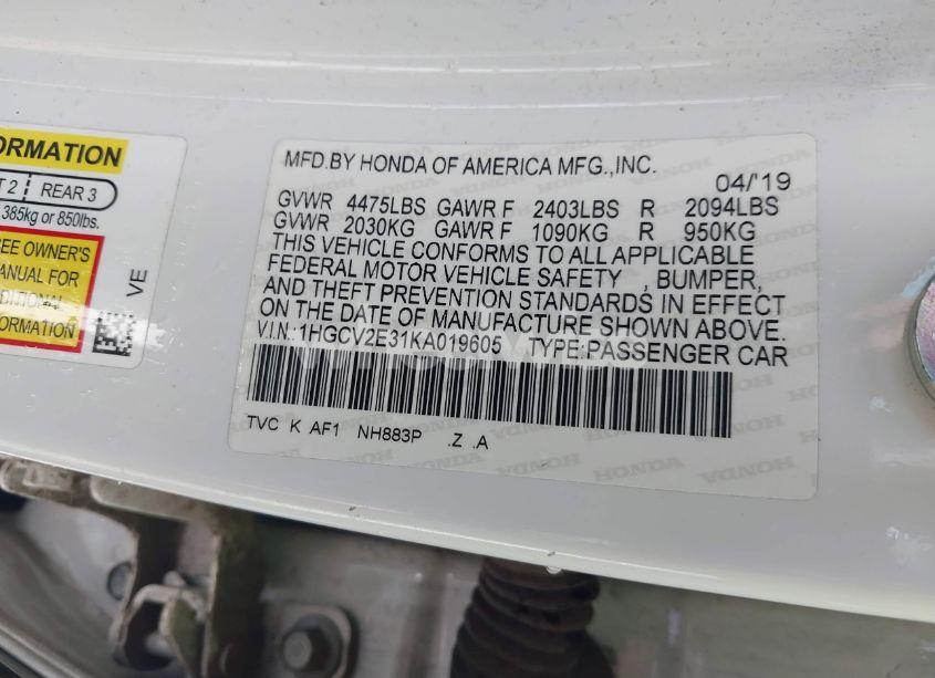 Photo 9 of 2019 Honda Accord SPORT 2.0T (VIN 1HGCV2E31KA019605)