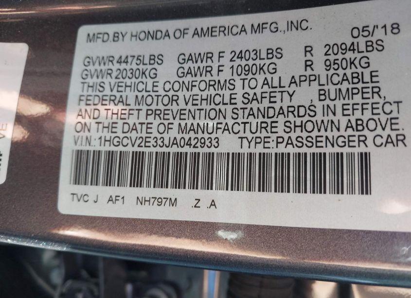 Photo 9 of 2018 Honda Accord SPORT 2.0T (VIN 1HGCV2E33JA042933)