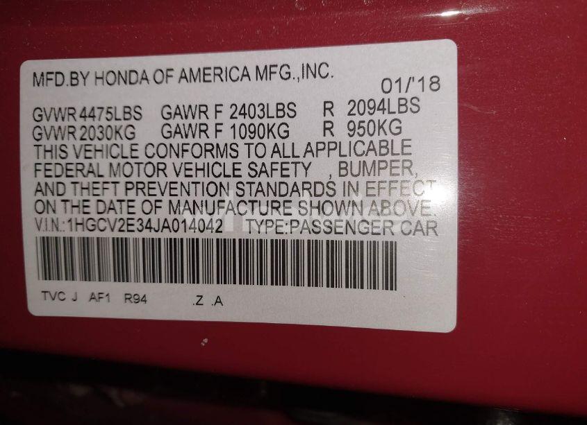 Photo 9 of 2018 Honda Accord SPORT 2.0T (VIN 1HGCV2E34JA014042)