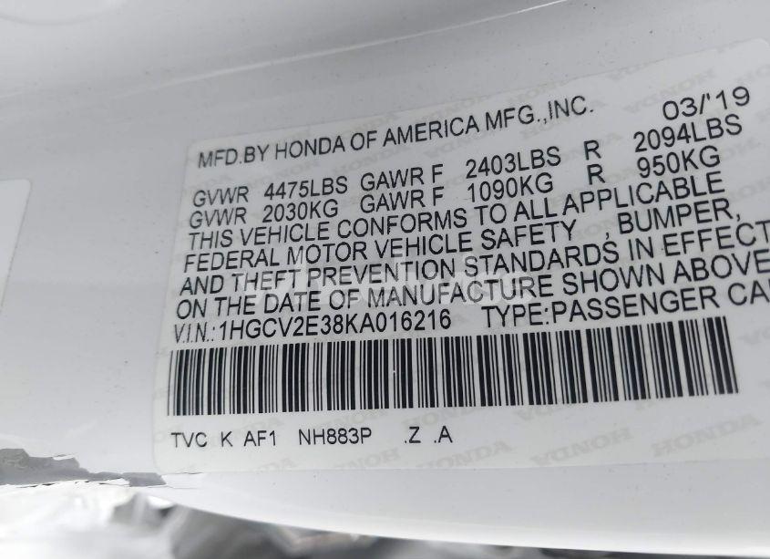 Photo 9 of 2019 Honda Accord SPORT 2.0T (VIN 1HGCV2E38KA016216)