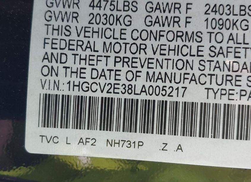 Photo 9 of 2020 Honda Accord SPORT 2.0T (VIN 1HGCV2E38LA005217)