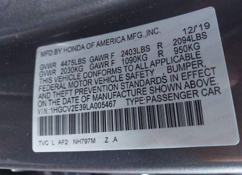 Photo 9 of 2020 Honda Accord SPORT 2.0T (VIN 1HGCV2E39LA005467)