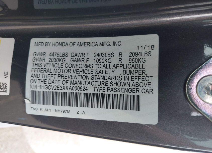 Photo 9 of 2019 Honda Accord SPORT 2.0T (VIN 1HGCV2E3XKA000924)