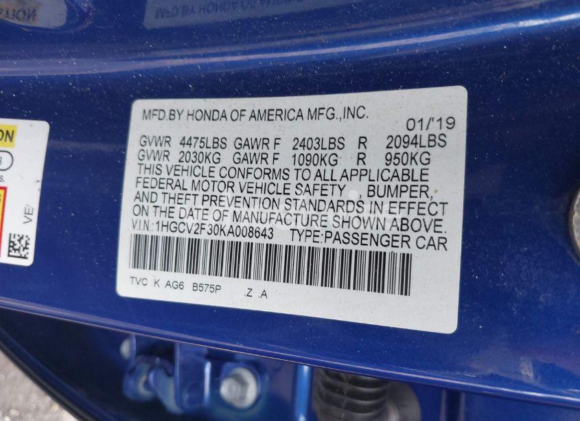 Photo 9 of 2019 Honda Accord SPORT 2.0T (VIN 1HGCV2F30KA008643)