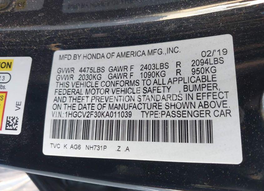 Photo 9 of 2019 Honda Accord SPORT 2.0T (VIN 1HGCV2F30KA011039)