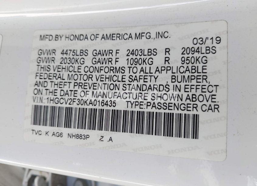 Photo 9 of 2019 Honda Accord SPORT 2.0T (VIN 1HGCV2F30KA016435)