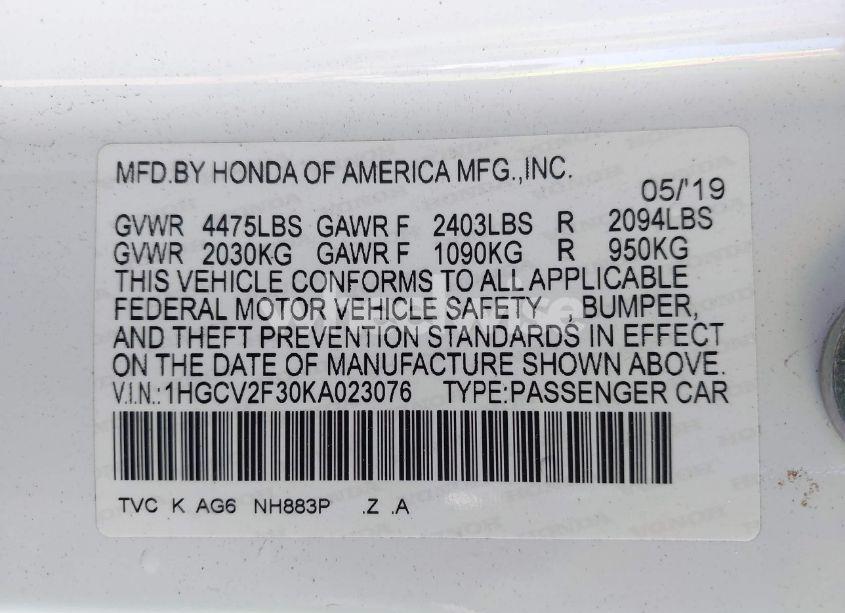 Photo 9 of 2019 Honda Accord SPORT 2.0T (VIN 1HGCV2F30KA023076)