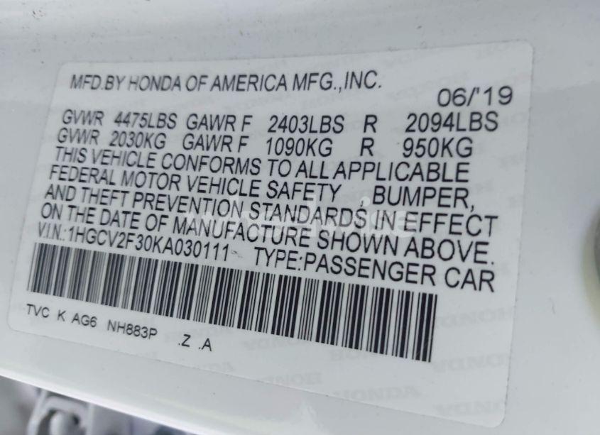 Photo 9 of 2019 Honda Accord SPORT 2.0T (VIN 1HGCV2F30KA030111)