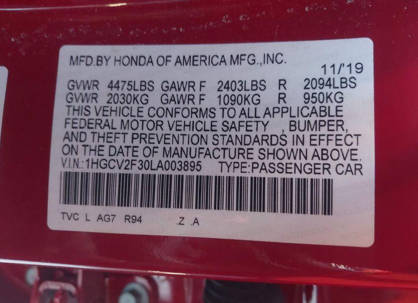 Photo 9 of 2020 Honda Accord SPORT 2.0T (VIN 1HGCV2F30LA003895)