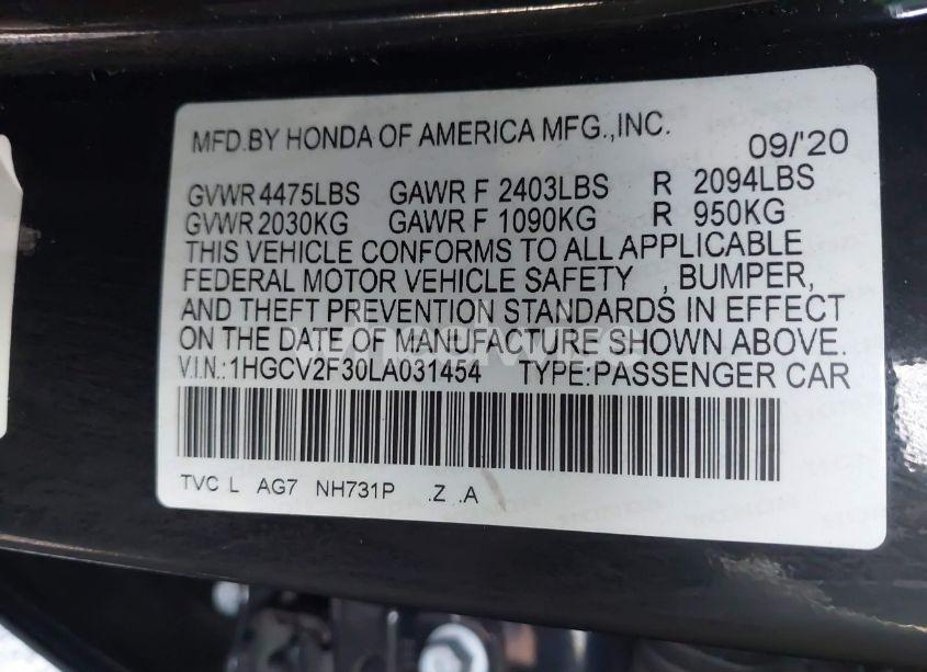 Photo 9 of 2020 Honda Accord SPORT 2.0T (VIN 1HGCV2F30LA031454)