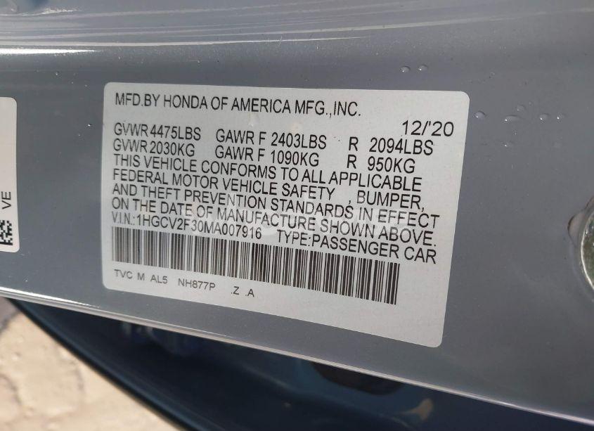 Photo 9 of 2021 Honda Accord SPORT 2.0T (VIN 1HGCV2F30MA007916)