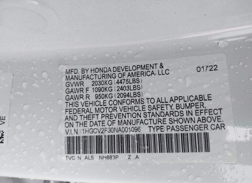 Photo 9 of 2022 Honda Accord SPORT 2.0T (VIN 1HGCV2F30NA001096)