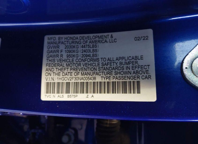 Photo 9 of 2022 Honda Accord SPORT 2.0T (VIN 1HGCV2F30NA005438)