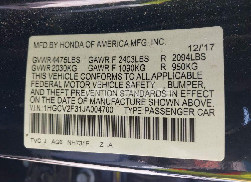 Photo 9 of 2018 Honda Accord SPORT 2.0T (VIN 1HGCV2F31JA004700)