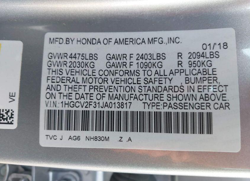 Photo 9 of 2018 Honda Accord SPORT 2.0T (VIN 1HGCV2F31JA013817)