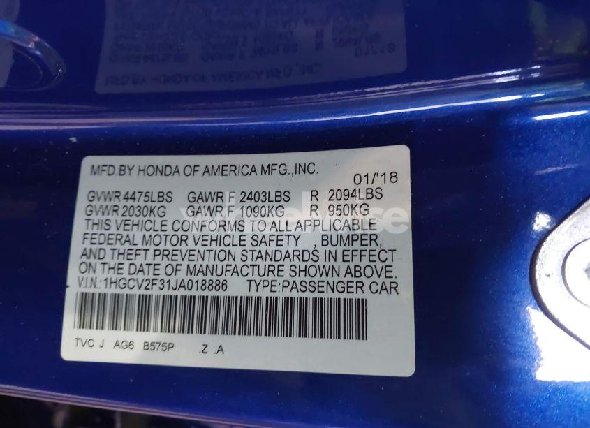 Photo 9 of 2018 Honda Accord SPORT 2.0T (VIN 1HGCV2F31JA018886)