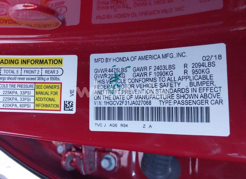 Photo 9 of 2018 Honda Accord SPORT 2.0T (VIN 1HGCV2F31JA027068)