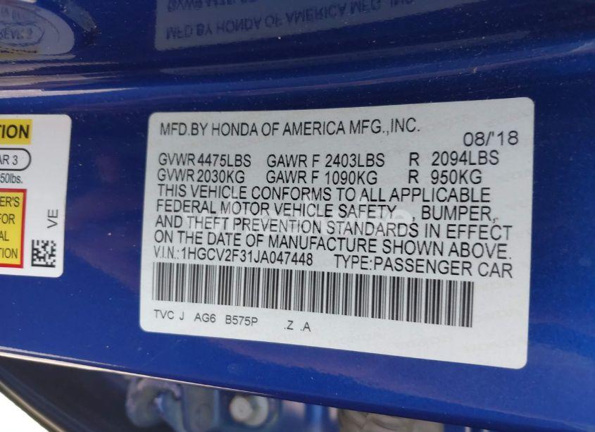 Photo 9 of 2018 Honda Accord SPORT 2.0T (VIN 1HGCV2F31JA047448)