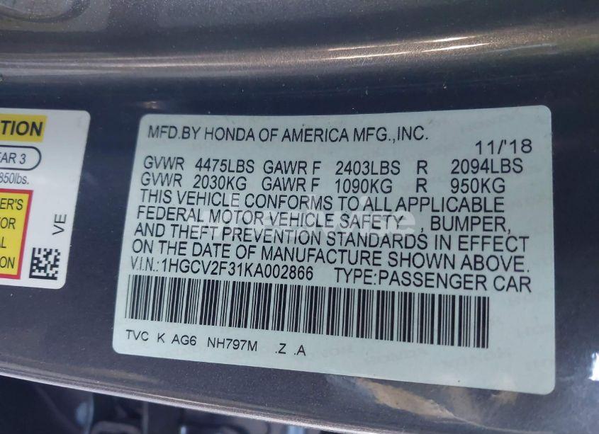 Photo 9 of 2019 Honda Accord SPORT 2.0T (VIN 1HGCV2F31KA002866)