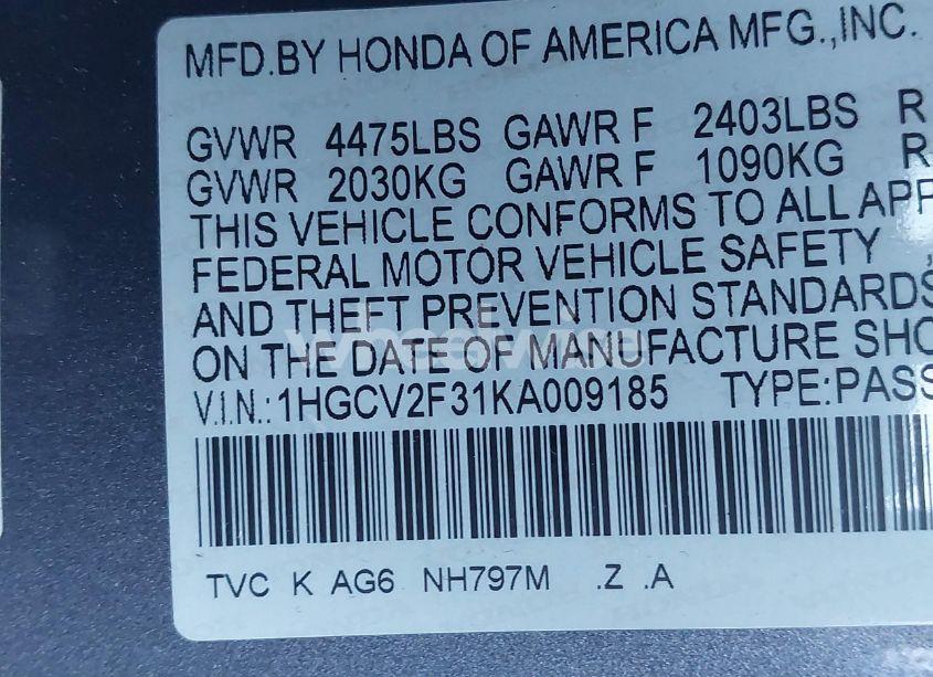 Photo 9 of 2019 Honda Accord SPORT 2.0T (VIN 1HGCV2F31KA009185)