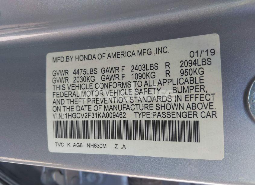 Photo 9 of 2019 Honda Accord SPORT 2.0T (VIN 1HGCV2F31KA009462)