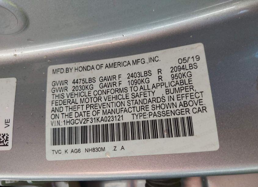 Photo 9 of 2019 Honda Accord SPORT 2.0T (VIN 1HGCV2F31KA023121)